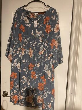 CJ Banks Blue Floral Midi Dress with Orange and Cream Flowers